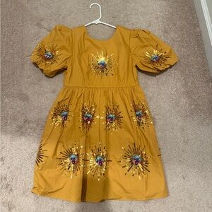 Embellished Yellow Dress with Puff Sleeves